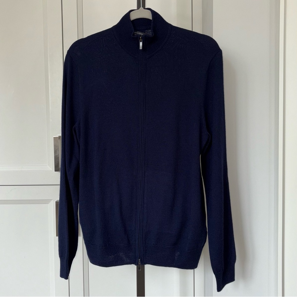 Saks Fifth Avenue Men’s Med Navy Full Zip Sweater Merino Wool Blend Lightweight